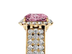 Fancy Pink Radiant Cut Diamond Halo Ring Set in Yellow gold with Pavé Band and Raised Center Setting