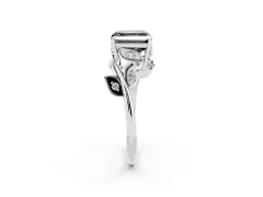 Fancy Black Asscher Cut Diamond Solitaire Twist Engagement Ring Set in White gold with Pavé Leaf Accents