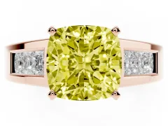 Fancy Yellow Cushion Cut Diamond Solitaire Ring Set in Rose gold with Channel-Set Accent Stones and Prong Setting