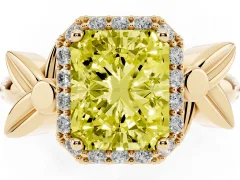 Fancy Yellow Radiant Cut Diamond Halo Floral Band Ring Set in Yellow gold with Prong Setting