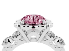 Fancy Pink Round Cut Diamond Floral Halo Ring Set in Platinum with Shared Prong Band