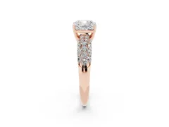 Cushion Cut Diamond Pavé Band Solitaire Ring Set in Rose gold with Close-Set Accent Stones and Prong Setting