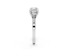 Cushion Cut Diamond Three-Stone Ring Set in White gold with Pavé Band and Smaller Side Stones