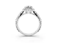 Cushion Cut Diamond Halo Ring Set in Platinum with Filigree Leaf Band and Prong Setting