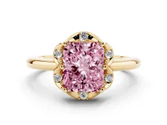 Fancy Pink Radiant Cut Diamond Round Cluster Halo Ring Set in Yellow gold with Solitaire Band and Prong Setting