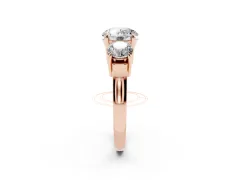 Round Cut Diamond Three-Stone Ring Set in Rose gold with Round Accent Stones and Plain Band