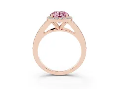 Fancy Pink Round Cut Diamond Halo Split Shank Ring Set in Rose gold with Accent Stones and Prong Setting