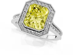 Fancy Yellow Radiant Cut Diamond Halo Milgrain Pavé Band Ring Set in White gold with Prong Setting