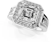 Asscher Cut Diamond Halo Ring Set in White gold with Pavé and Bezel Accent Split Shank