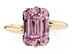 Fancy Pink Emerald Cut Diamond Solitaire Engagement Ring Set in Yellow gold with Classic Plain Band