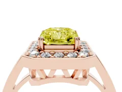 Fancy Yellow Radiant Cut Diamond Halo Ring Set in Rose gold with Accent-Lined Split Shank and Prong Setting