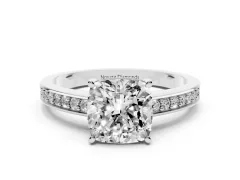 Cushion Cut Diamond Pavé Band Prong Set Solitaire Ring Set in Platinum