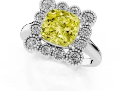 Fancy Yellow Cushion Cut Diamond Cluster Halo Ring Set in Platinum with Milgrain Bezel Accents and Plain Band
