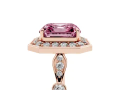 Fancy Pink Asscher Cut Diamond Halo Engagement Ring Set in Rose gold with Twisted Band and Prong Setting