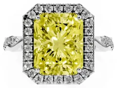 Fancy Yellow Radiant Cut Diamond Halo Twist Band Solitaire Ring Set in White gold with Prong Setting