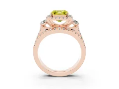 Fancy Yellow Asscher Cut Diamond Halo Split Shank Ring Set in Rose gold with Round Accent Stones and Prong Setting