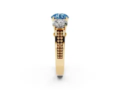 Fancy Blue Round Cut Diamond Three-Stone Ring Set in Yellow gold with Textured Band