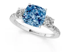 Fancy Blue Cushion Cut Diamond Three-Stone Ring Set in Silver with Pavé Band and Graduated Sides