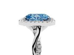 Fancy Blue Radiant Cut Diamond Halo Twist Band Solitaire Ring Set in Platinum with Prong Setting