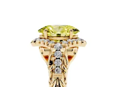 Fancy Yellow Oval Cut Diamond Solitaire Ring Set in Yellow gold with Hidden Halo and Pavé Band