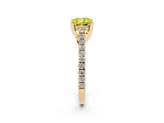 Fancy Yellow Cushion Cut Diamond Solitaire Ring Set in Yellow gold with Brilliant Pavé Band and Prong Setting