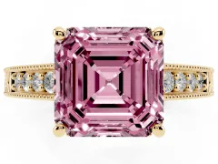 Fancy Pink Asscher Cut Diamond Solitaire Pavé Milgrain Engagement Ring Set in Yellow gold with Prong Setting