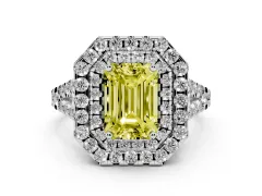 Fancy Yellow Emerald Cut Diamond Double Halo Ring Set in White gold with Pavé Split Shank and Prong Setting