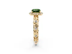 Fancy Green Cushion Cut Diamond Halo Ring Set in Yellow gold with Filigree Leaf Band and Prong Setting