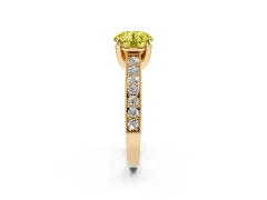 Fancy Yellow Round Cut Diamond Solitaire Ring Set in Yellow gold with Milgrain-Edged Pavé Band and Prong Setting