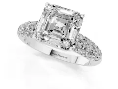 Asscher Cut Diamond Pavé Band Solitaire Ring Set in Silver with Close-Set Accent Stones and Prong Setting