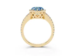 Fancy Blue Heart Cut Diamond Halo Ring Set in Yellow gold with Pavé Shoulders and Halo-Framed Center