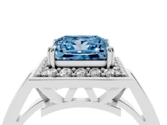 Fancy Blue Princess Cut Diamond Halo Ring Set in Platinum with Accent-Lined Split Shank and Prong Setting
