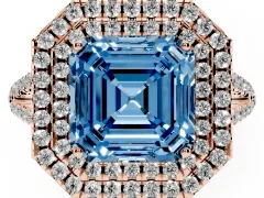 Fancy Blue Asscher Cut Diamond Double Halo Ring Set in Rose gold with Pavé Band