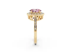 Fancy Pink Oval Cut Diamond Halo Ring Set in Yellow gold with Accent-Lined Split Shank and Prong Setting