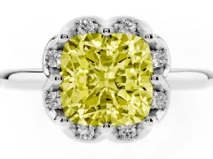 Fancy Yellow Cushion Cut Diamond Round Cluster Halo Ring Set in White gold with Solitaire Band and Prong Setting