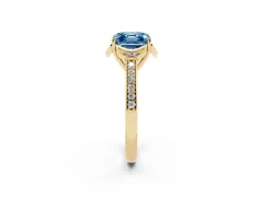 Fancy Blue Asscher Cut Diamond Halo Ring Set in Yellow gold with Channel Set Band and Prong Setting