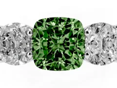 Fancy Green Cushion Cut Diamond Three-Stone Ring Set in Platinum with Plain Polished Band
