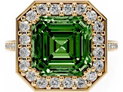 Fancy Green Asscher Cut Diamond Halo Ring Set in Yellow gold with Accent-Lined Split Shank and Prong Setting