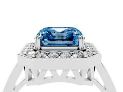 Fancy Blue Asscher Cut Diamond Halo Ring Set in Platinum with Accent-Lined Split Shank and Prong Setting