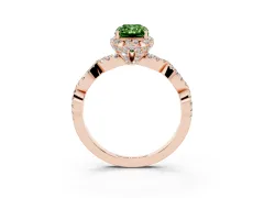 Fancy Green Radiant Cut Diamond Halo Twist Band Solitaire Ring Set in Rose gold with Prong-Set Center Stone