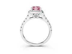 Fancy Pink Cushion Cut Diamond Halo Engagement Ring Set in Platinum with Pavé Band and Prong-Set Center