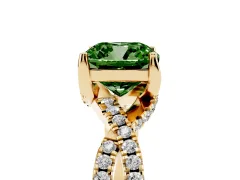 Fancy Green Cushion Cut Diamond Twist Pavé Solitaire Engagement Ring Set in Yellow gold with Prong Setting