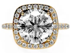 Round Cut Diamond Halo Engagement Ring Set in Yellow gold with Round Pavé Shoulders and Heart Gallery