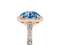 Fancy Blue Round Cut Diamond Halo Engagement Ring Set in Rose gold with Round Pavé Shoulders and Heart Gallery