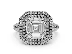 Asscher Cut Diamond Double Halo Ring Set in Platinum with Pavé Band