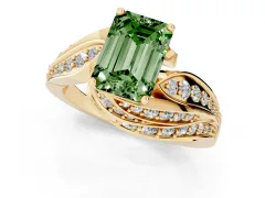 Fancy Green Emerald Cut Diamond Solitaire Ring Set in Yellow gold with Layered Twist Pavé Band