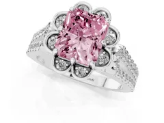 Fancy Pink Radiant Cut Diamond Floral Halo Split Shank Engagement Ring Set in Silver with Pavé Shank