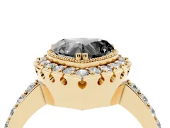 Fancy Black Heart Cut Diamond Halo Ring Set in Yellow gold with Pavé Shank and Prong Setting