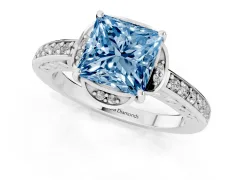 Fancy Blue Princess Cut Diamond Halo Ring Set in Silver with Channel Set Band and Prong Setting