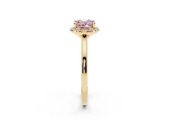 Fancy Pink Oval Cut Diamond Halo Engagement Ring Set in Yellow gold with Pavé Band and Rising Shoulders